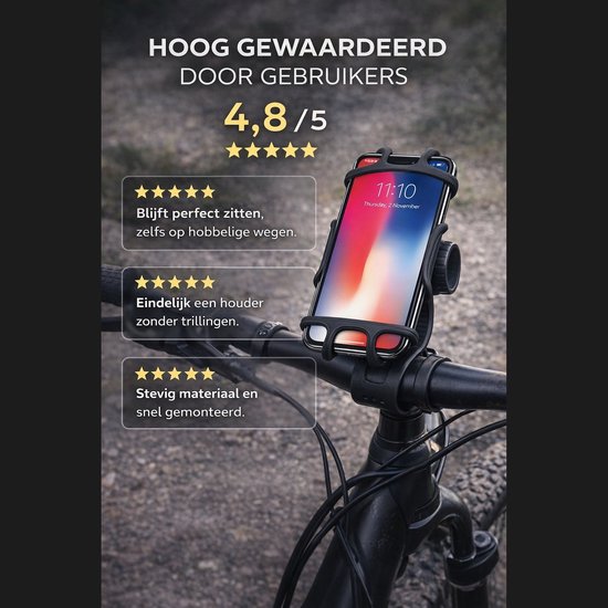 Telefoonhouder op een fietsstuur met een score van 4,8/5 en beoordelingen 'Blijft perfect zitten' en 'Eindelijk een houder zonder trillingen'.
