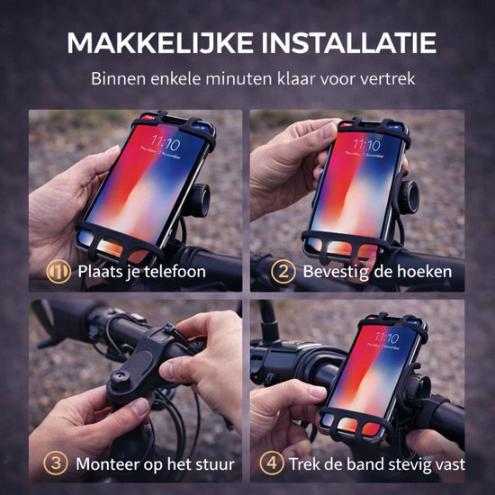 Vier stappen voor het monteren van een telefoonhouder: plaats telefoon, bevestig hoeken, monteer op stuur, trek band vast.