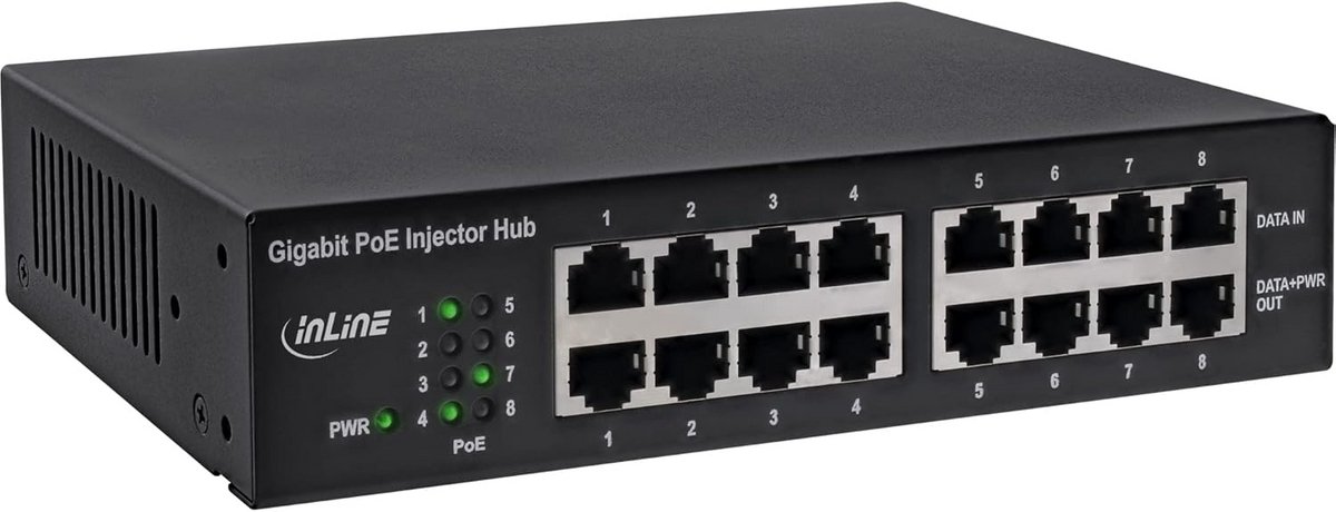 PoE+ Gigabit Netwerk Injectorhub met 8 Poorten voor 19 inch Rackmontage