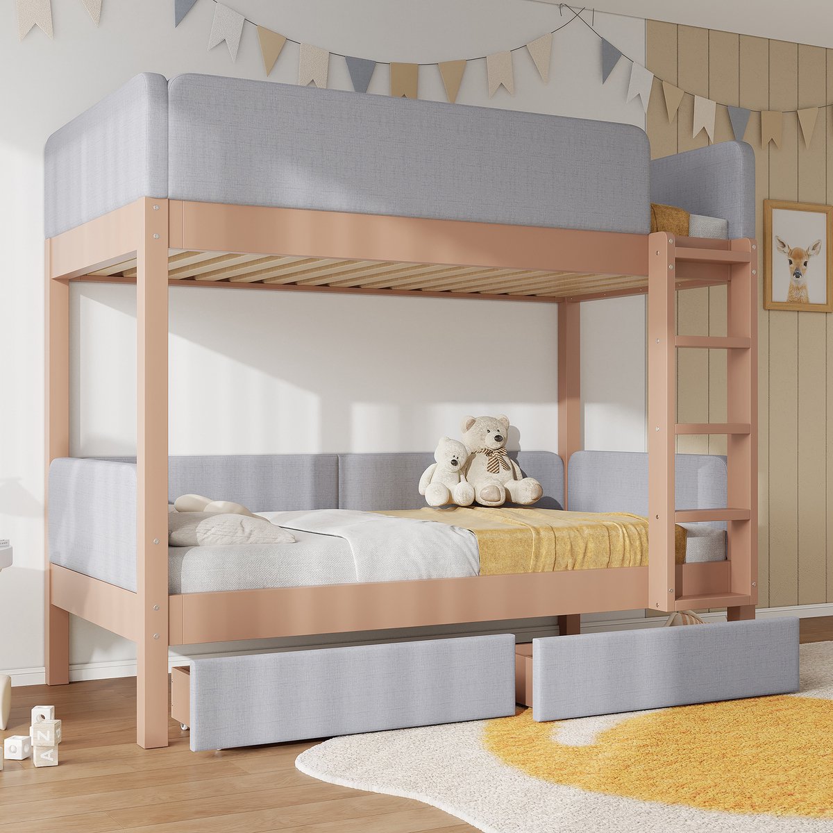 MODFU Etagenbed 90x200 cm – Met rechte trap, 2 lades & anti-bots rand – Grijs/Naturel