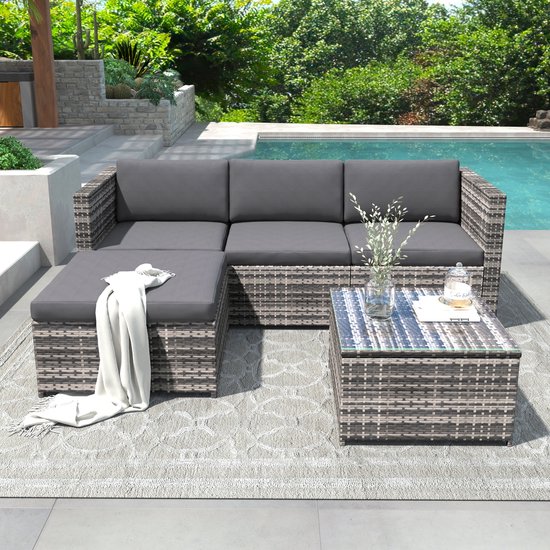 Sweiko Tuin loungeset - Polyrotan - Hoekbank - Met salontafel - 7 kussens - Glazen tafelblad - Grijs