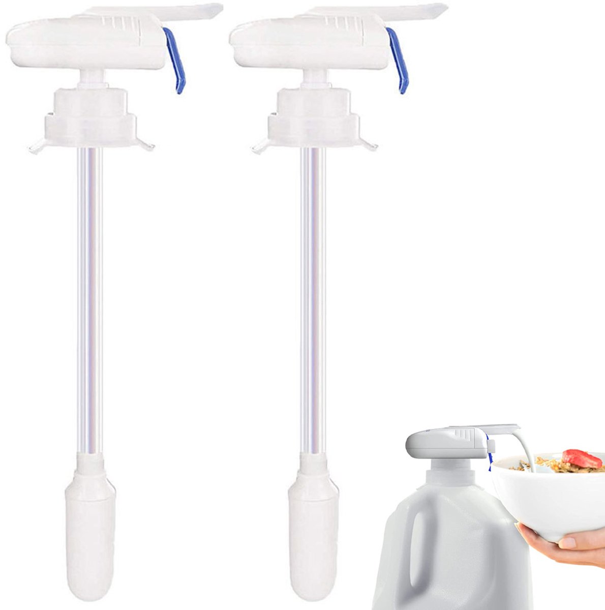 QTTVBTNA – 2 Stuks Dispenser – Drinkdispenser – Automatische Melk en Sap Pomp voor Koelkast – Handsfree Drankdispenser voor Melkpak en Fles – Geschikt voor Keuken, Kinderen, Feest en Outdoor – Blauw