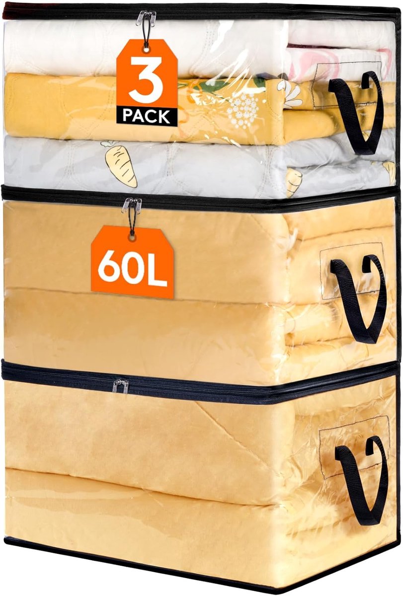 MeubelsvanJoep 3 stuks opbergdozen 55 x 35 x 31.5 CM, 60 Liter, opbergdoos met deksel, versterkte handgreep, kleding, opbergtas, kledingdoos, verhuisdozen voor kleding, jurken, beddengoed, transparant
