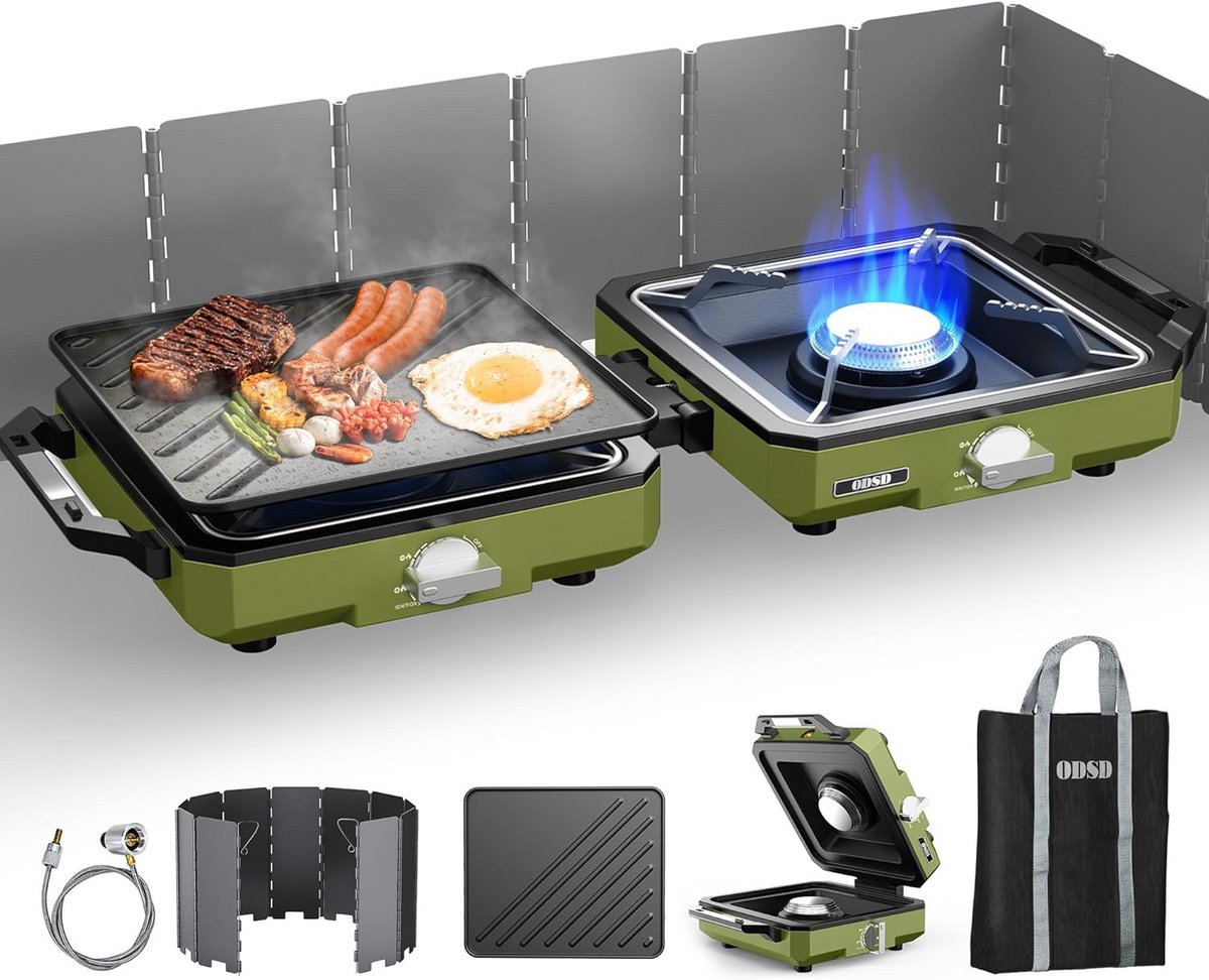 Draagbare Camping Kooktoestel met 2 Pitten en Windscherm - Inclusief Pan en Accessoires