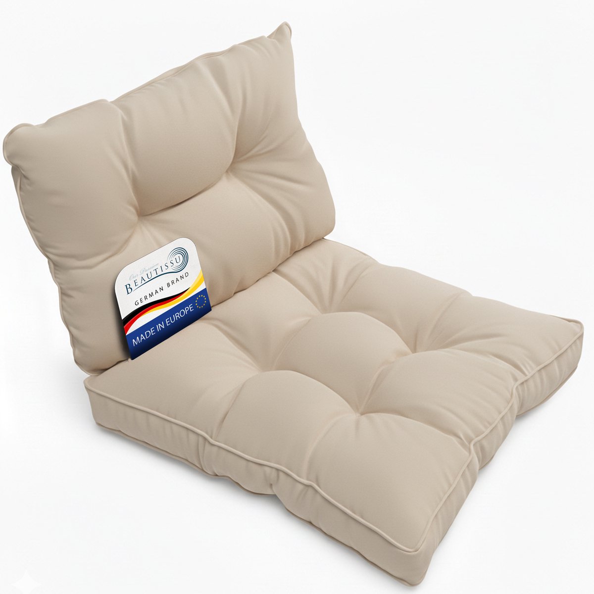 Beautissu Set Loungekussen Outdoor – Zitkussen 50x50 cm & rugkussen 50x40 cm – Weerbestendig Vlekwerend Kussens voor Tuinmeubelen voor Tuinmeubelen Loungekussens Outdoor Zitkussens Nature