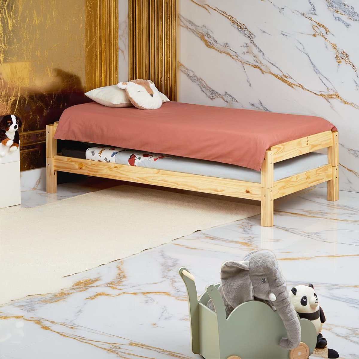 Kinder Stapelbed Rino 90x190 cm – Massief Grenenhout – Ruimtebesparend Bed met Logeerbed – Naturel Houten Bed voor Kinderkamer of Logeerkamer- House&Garden