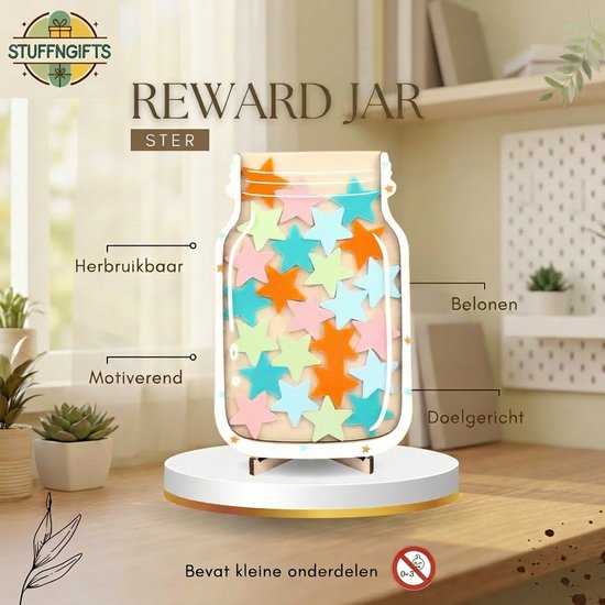 Reward jar met sterren in pastelkleuren: roze, lichtblauw, mintgroen en oranje. "REWARD JAR STER" is op de pot geschreven.