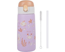 Pure Luv RVS Drinkfles met rietje - Oceansip - Drinkbeker - Paars - 500ml - Roestvrijstaal - Voor Kinderen - Inclusief Schoonmaakborstel - Kind- Peuter - BPA vrij - Peuterfles - Schoolfles - Schoolreisje - Vakantiefles