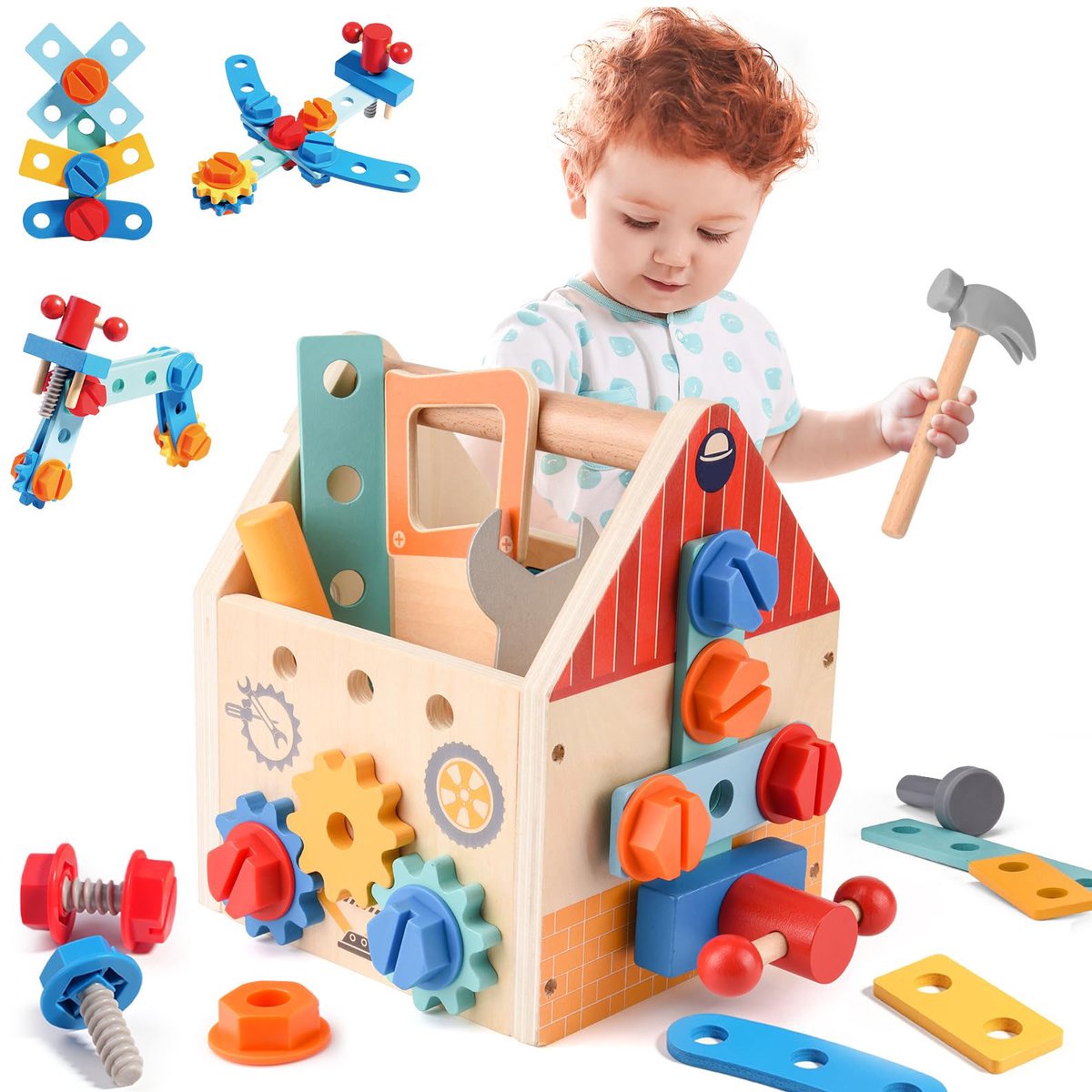 Montessori gereedschapset voor peuters - Houten gereedschapskist voor kinderen, educatief speelgoed voor fantasiespel, gereedschapset voor het ontwikkelen van fijne motoriek, cadeau voor jongens en meisjes van 3, 4 en 5 jaar