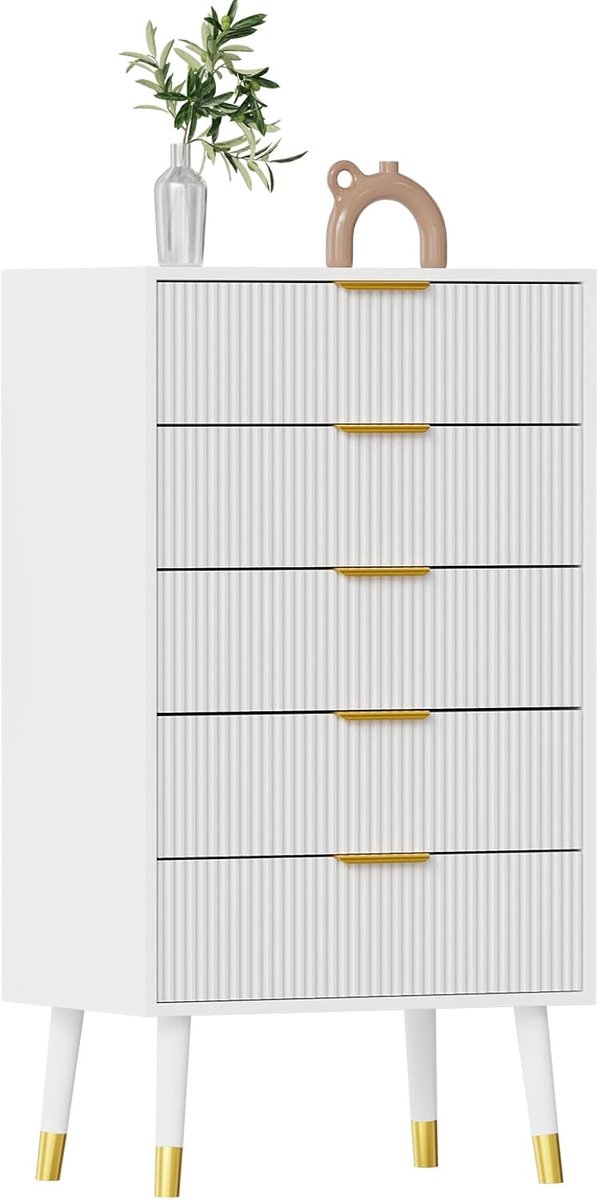 Garvee 5-ladekast voor slaapkamer, moderne kledingkast, ladekast, opbergkast, opbergmeubel, kleine geribbelde nachtkastje voor slaapkamer, wit