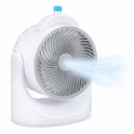 Witte tafelventilator met grijze bladen, blaast blauwe lucht met blaadjes en sneeuwvlokken.