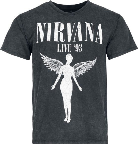 T-shirt noir Nirvana In Utero '93 avec inscription blanche NIRVANA LIVE '93 et une silhouette ailée.