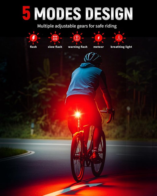 Slim Fiets Achterlicht - Rem Sensor - USB-C - IP64 - 5 Standen - Voor MTB & Wegfietsen — afbeelding 2