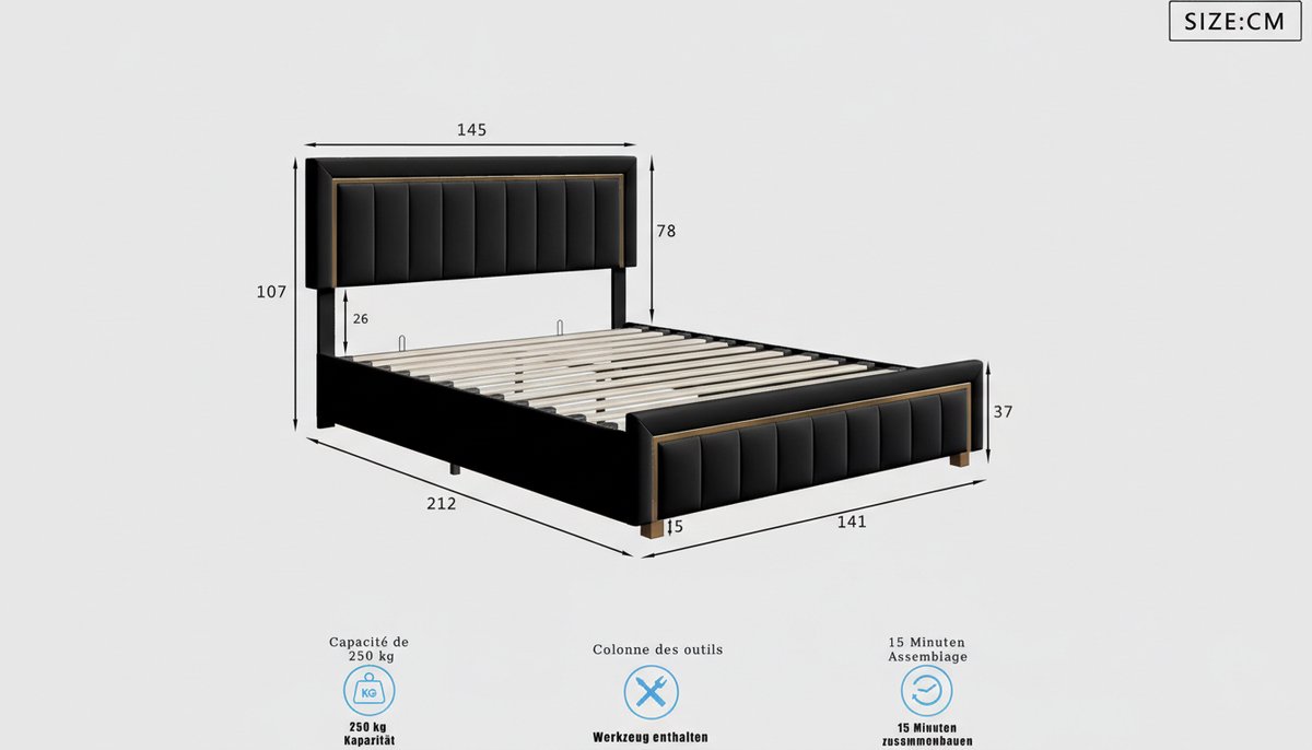 Gestoffeerd Bed 140x200 cm met Hydraulische Opbergruimte – Casa Velluto Nero Luxe Tweepersoonsbed met Gasveer Opbergsysteem, Fluwelen Bekleding, Hoofdeinde & Houten Lattenbodem – Zwart