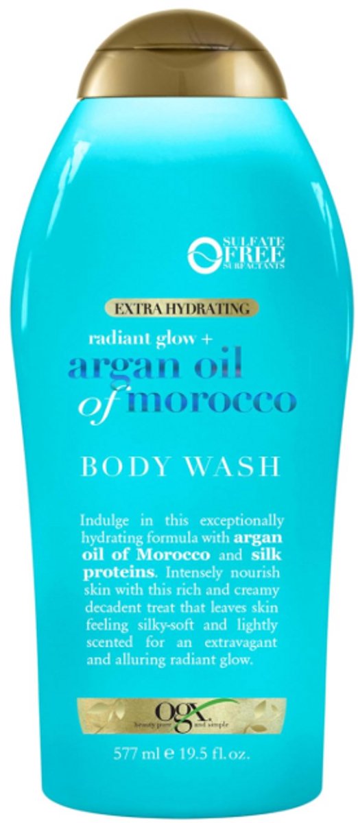 OGX Radiant Glow + Argan Oil of Morocco Extra Hydraterende Body Wash 577ml – Sulfaatvrije Douchegel voor Droge Huid – Intens Voedend & Zijdezachte Huid