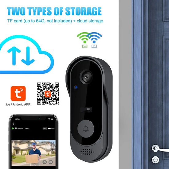 Zwarte slimme videodeurbel met camera, naast informatie over opslag en wifi-banden.