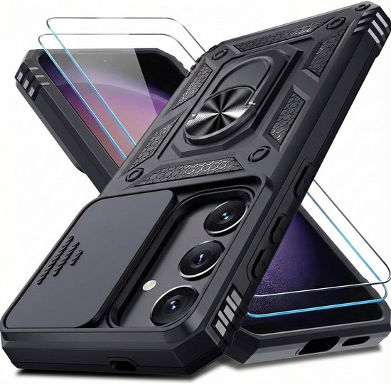 Coque de téléphone noire avec support anneau, cache coulissant pour appareil photo, et deux protecteurs d'écran à côté.