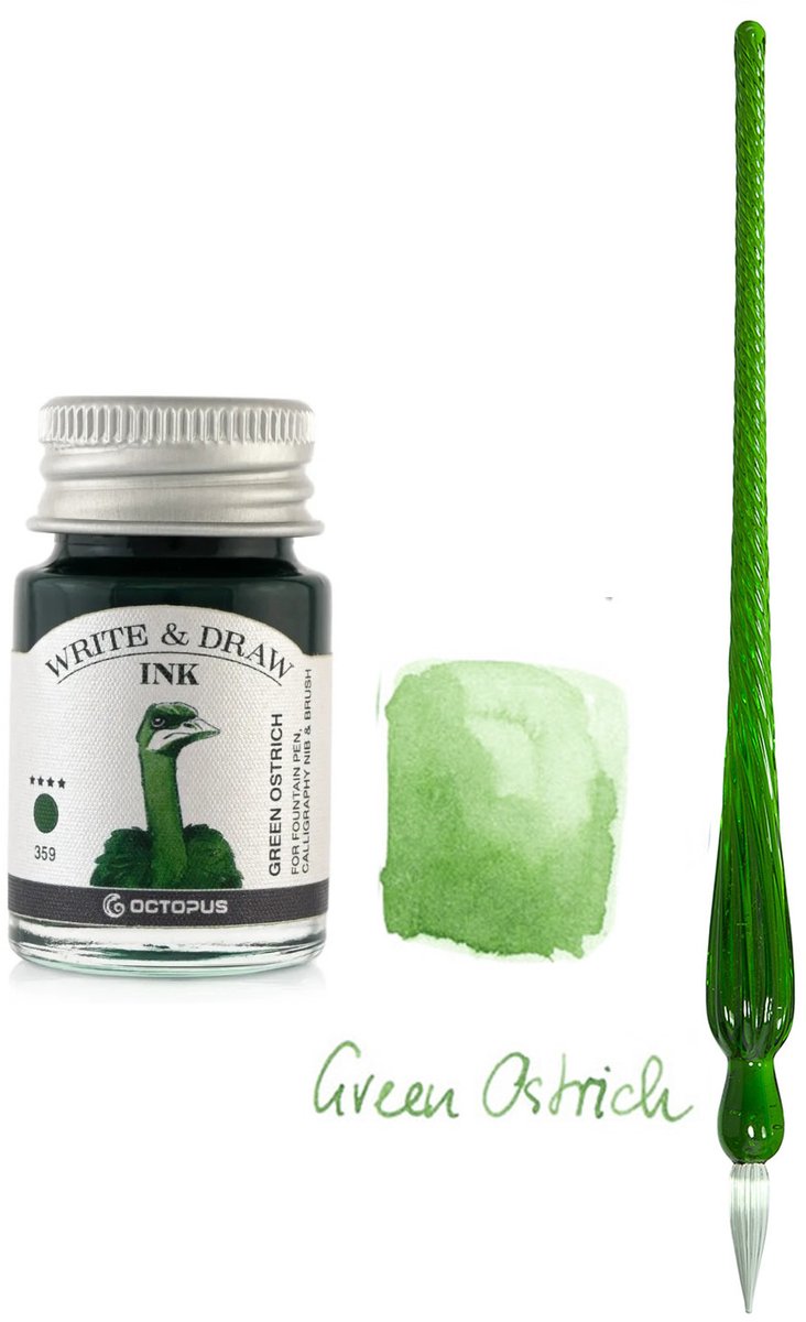 Glazen dip pen set in doosje - Groen - Potje Octopus inkt green ostrich