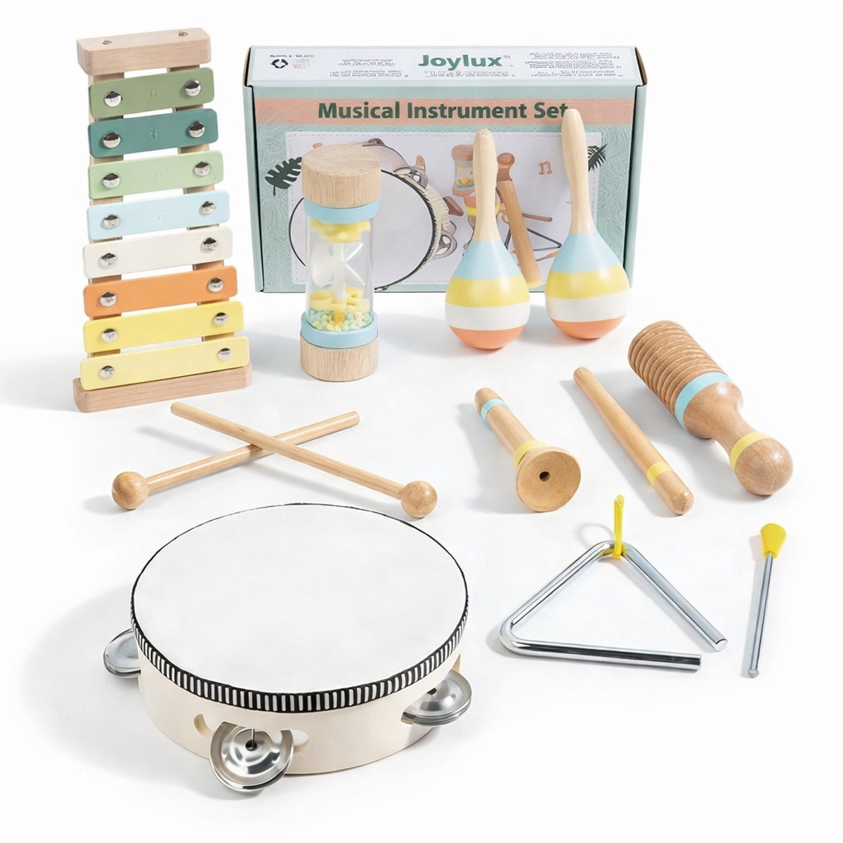 Montessori Muziekinstrumenten Set voor Peuters – Houten Muziekspeelgoed 8-delig – Inclusief Xylofoon, Tamboerijn, Regenmaker, Triangel, Maracas & Castagnetten – Educatief Speelgoed voor Kinderen vanaf 3 Jaar