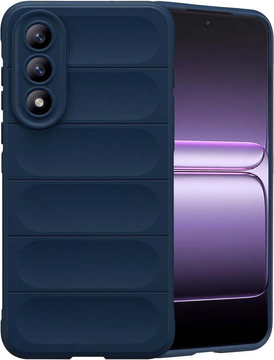 Donkerblauw hoesje met geribbelde achterkant, geplaatst naast een smartphone.