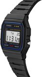 Montre numérique Casio F-91W noire, vue de trois quarts, avec écran carré et bracelet noir.