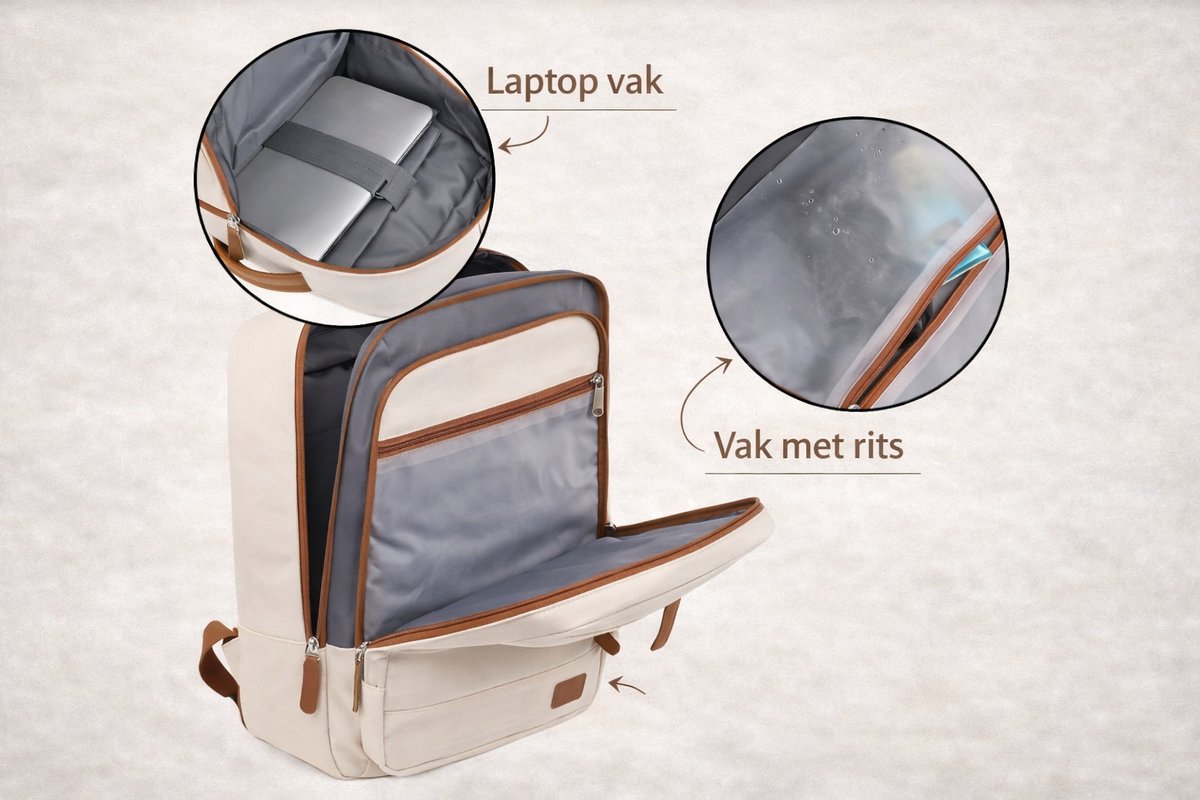 Dutchers® Laptoptas Dames - Rugtas - 24L - Reistas - Rugzak - Backpack - Met oplaad mogelijkheid, Laptop vak, Afsluitbaar droogvak - Laptoprugzak - Beige – foto 3