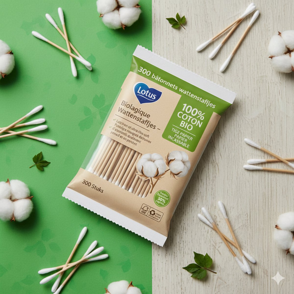 Lotus Biologische Wattenstaafjes – 300 Stuks – Bruin– Duurzame Katoenen Sticks van Biologisch Katoen & Papier