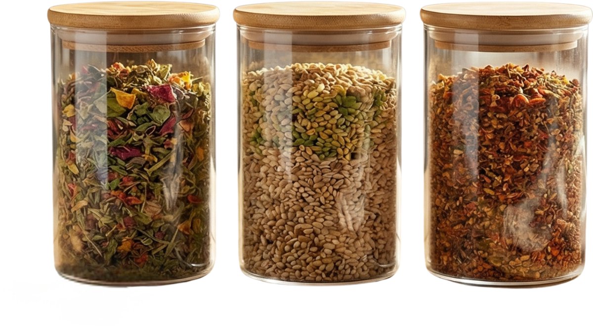 Alpina storage jar 3-delige voorraadpotten set - glas met bamboe deksel - luchtdicht en bpa-vrij - ideaal voor koffie, rijst, thee en snacks - 27x7x9,5 cm - transparant