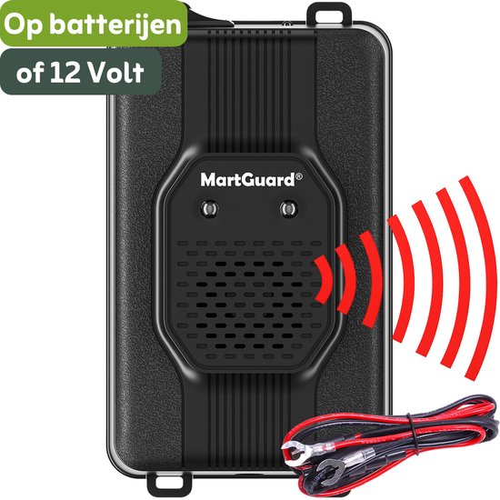Zwart MartGuard apparaat met luidspreker en rood signaal, inclusief 12V auto-accu kabels.