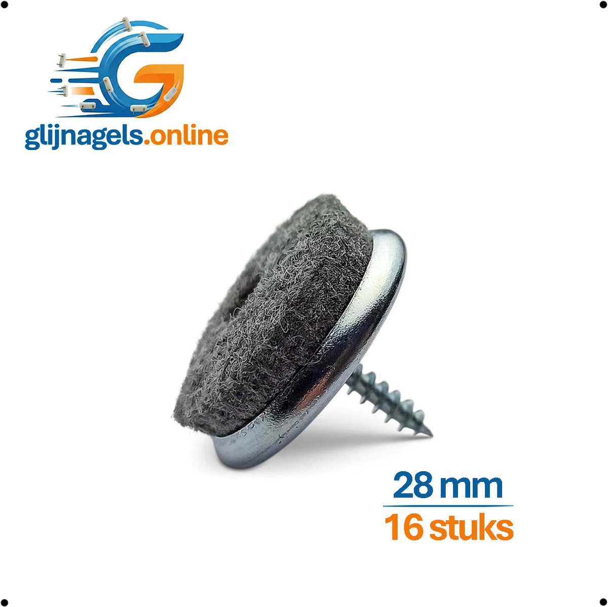 16 STUKS PREMIUM VILTGLIJNAGEL 28 mm metaal – Metalen meubelglijder met vilt – Stoelpoot glijder – Meubelglijder rond – Vloerglijder – Vloerbeschermer tegen krassen – Geluiddempend – Meubelvilt – Voor stoelen, tafels en kasten - Vloerbescherming