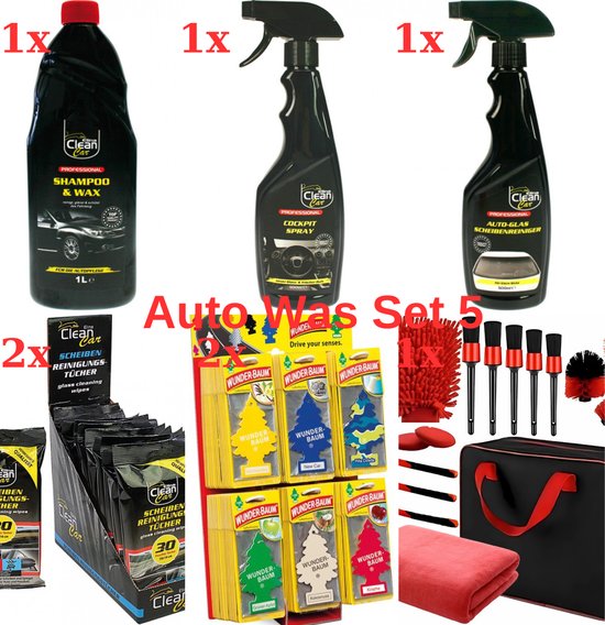 Ensemble de lavage de voiture avec flacon de shampoing, flacons pulvérisateurs, lingettes, désodorisants Wunder-Baum, brosses, gant de lavage et sac.