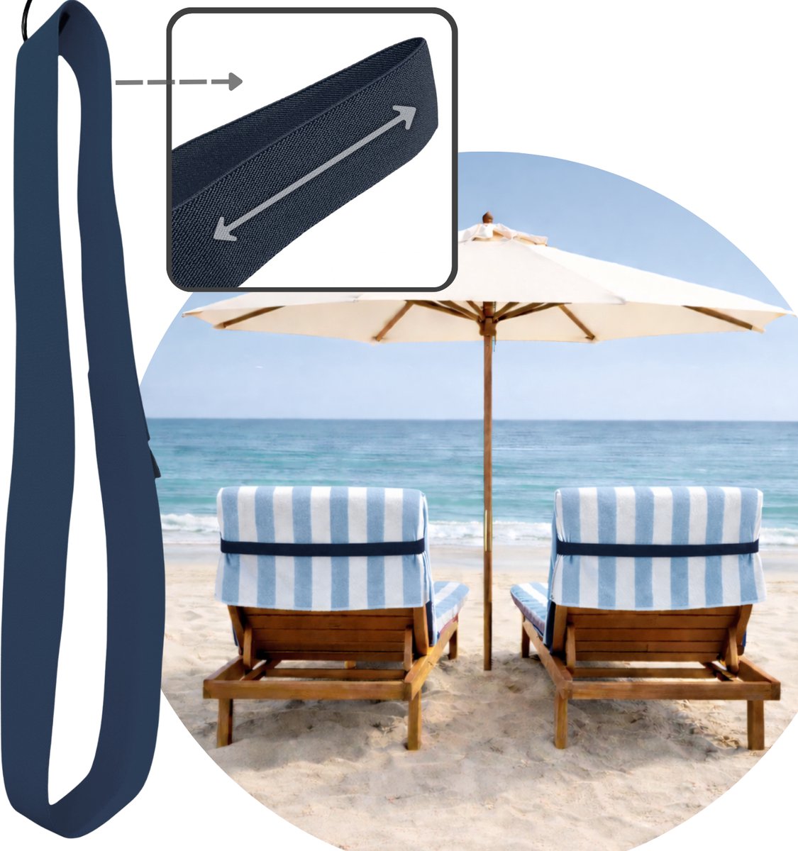 Hoya living - Strand handdoek Elastiek Band Ligbed - Navy Blauw - rekbaar 45-70 cm - strandbed elastiek - strandhanddoekbanden
