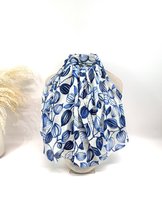 Lange dames sjaal Mae-bladerenmotief-blauw wit goud koningsblauw lichtblauw