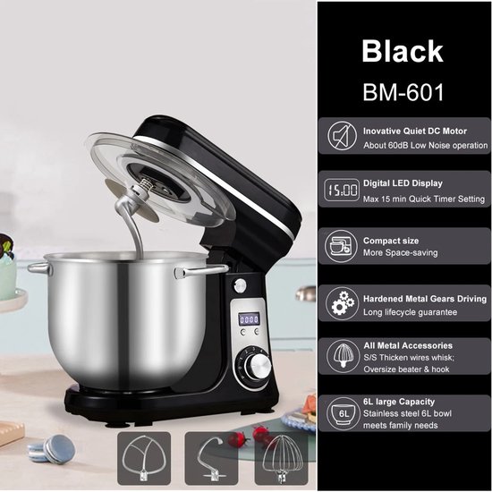 Lunekiss 6L keukenmixer met 1200W stille DC‑motor, 6 snelheden, LED‑timer, RVS mengkom en accessoires - Zwart van Merkloos — afbeelding 2