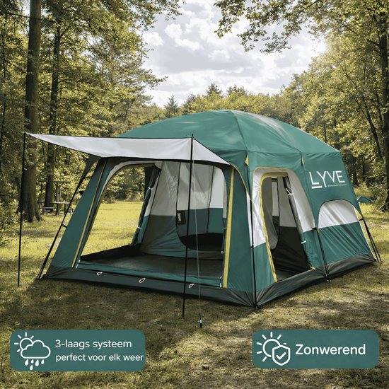 Groene familietent met luifel, 3 laags systeem, perfect voor elk weer en zonwerend.