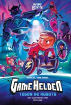 De cover van 'Game Helden tegen de Robots' met een jongen in een rolstoel, omringd door robots en andere figuren.