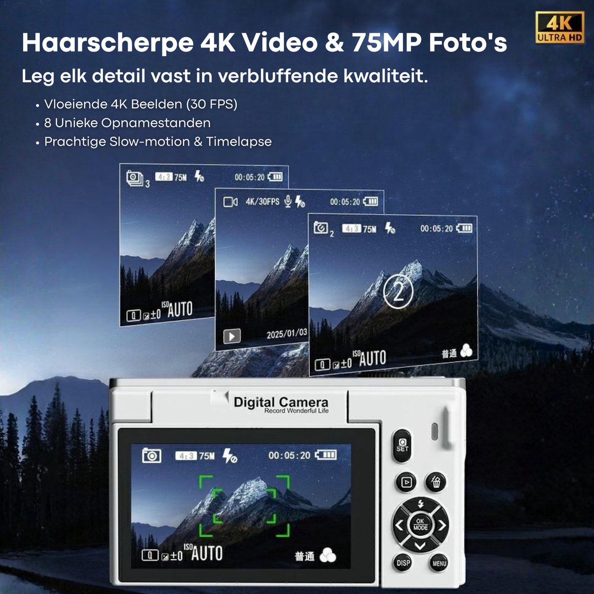 Vizual 75MP Camera met 4K Video en 32GB SD-kaart thumbnail 4