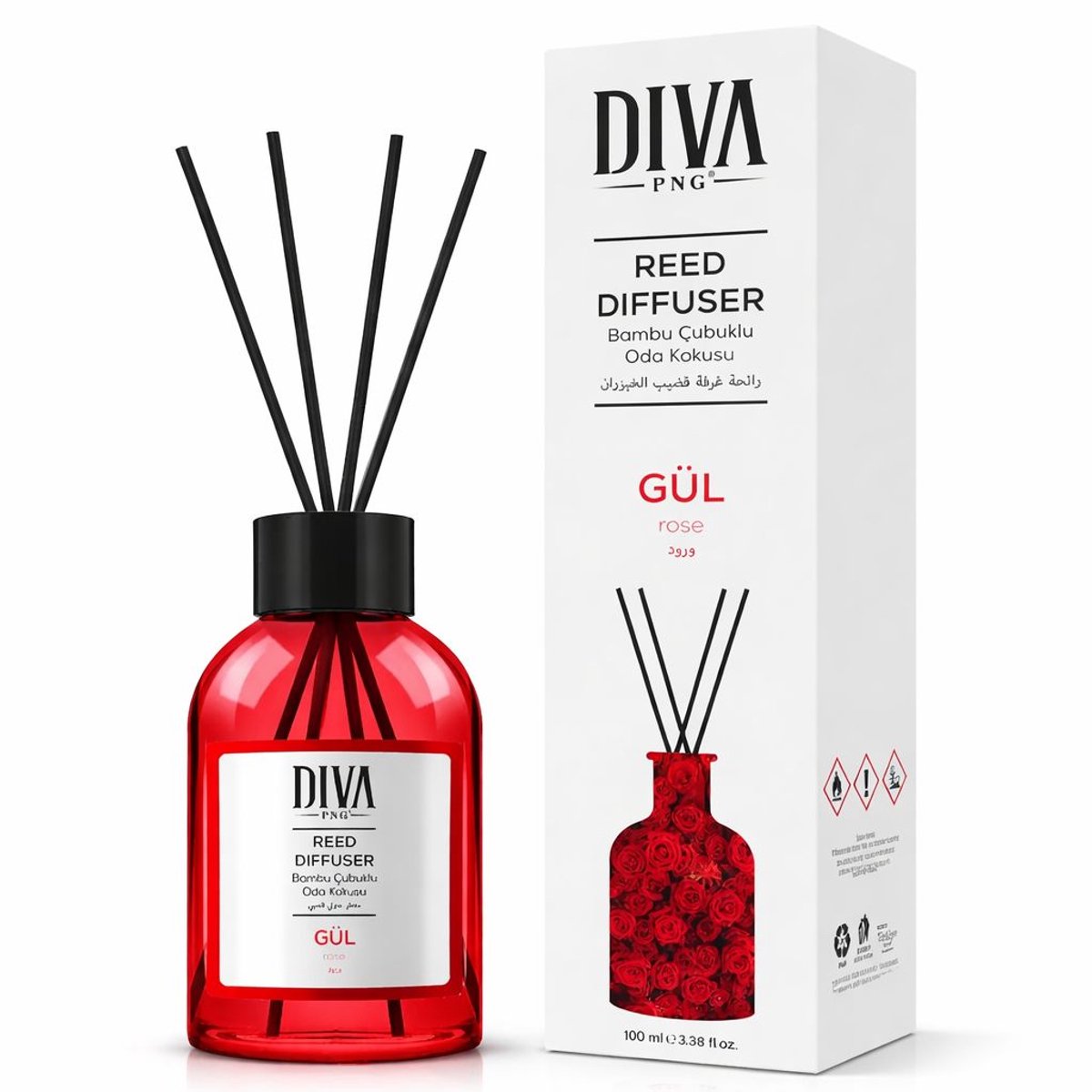 DIVA PNG Reed Diffuser Gul 100ml – Geurstokjes met Roseparfum – Luxe Huisparfum met Bamboestokjes – Langdurige Geurverspreiding