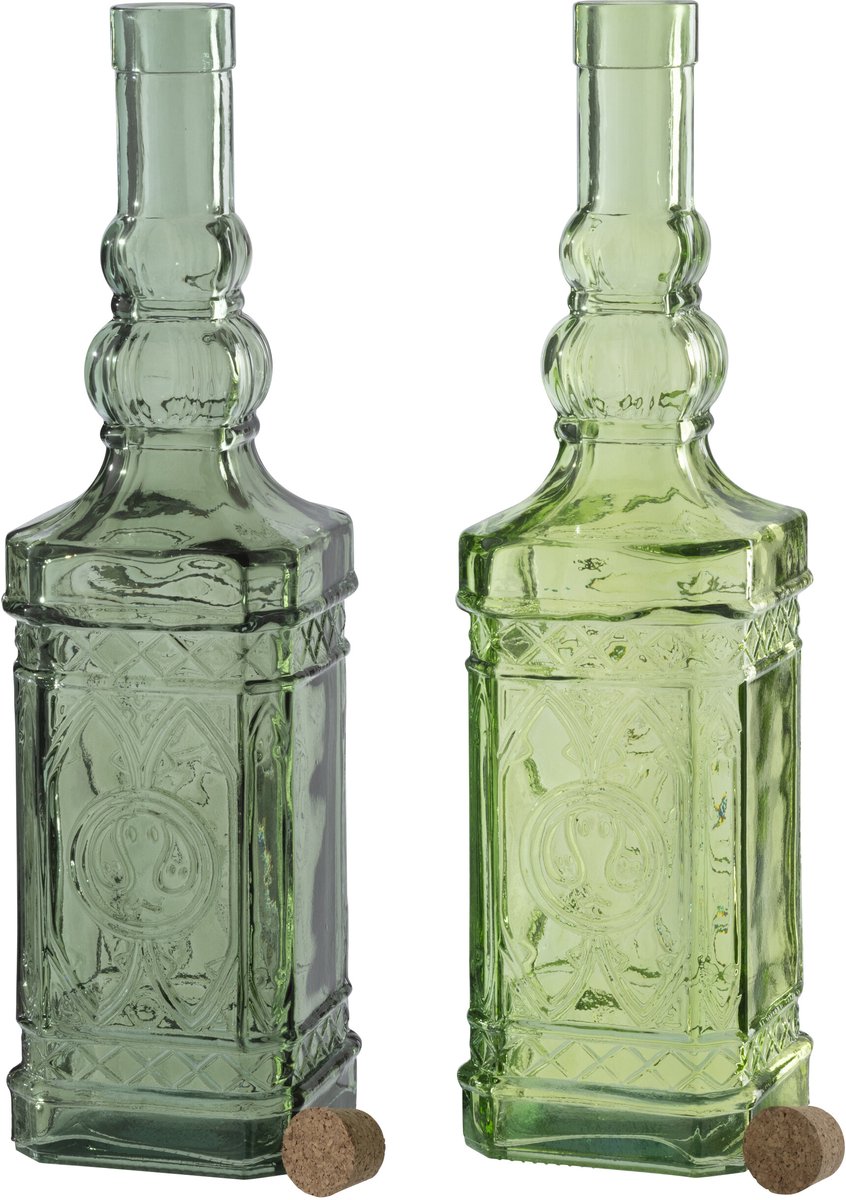 decoratie Fles Rechthoek - glas - lichtgroen/olijfgroen - set van 2