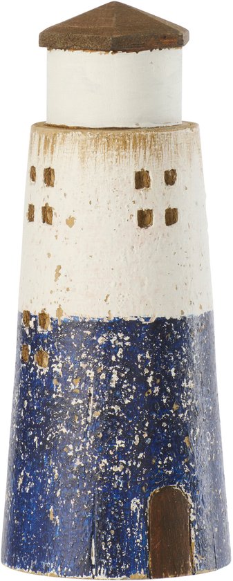 Decoratieve houten vuurtoren, wit met blauwe basis en verweerde look.