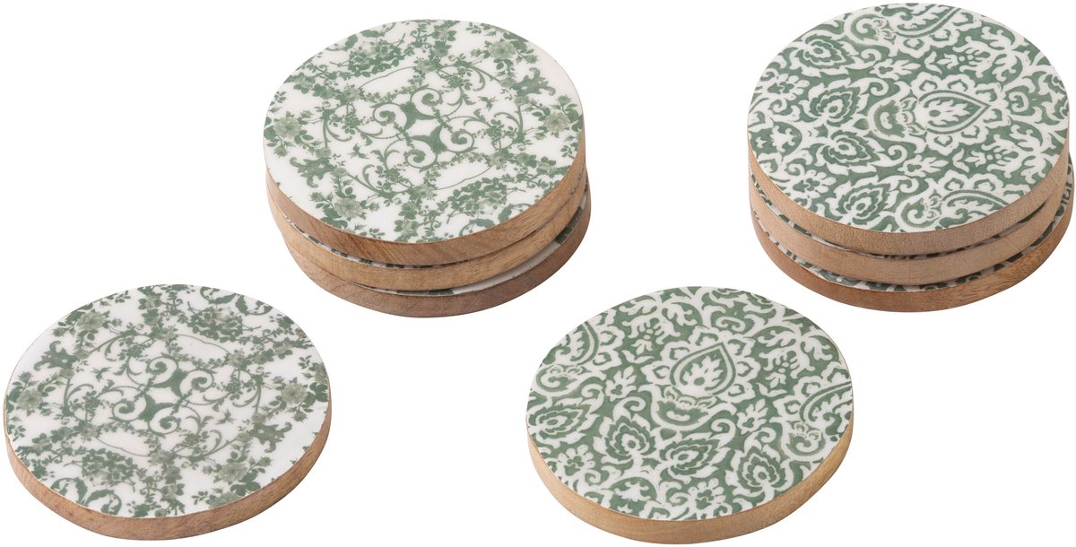 J-Line onderzetter - hout - groen/wit - set van 8