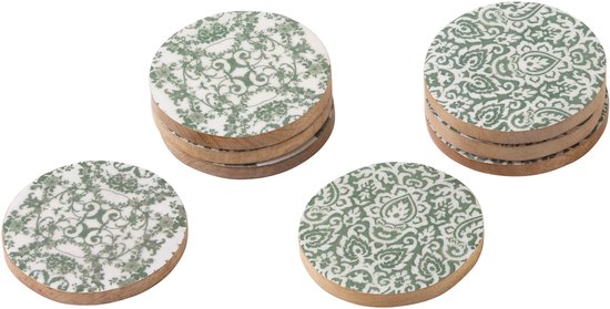 J-Line onderzetter - hout - groen/wit - set van 8