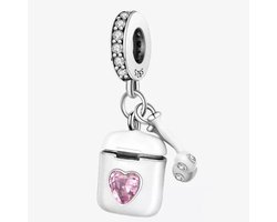 Fler® | Bedel | Past op populaire bedelarmbanden (standaard - 3mm) | Oortjeshouder Bedel | Hangbedel Charm | 925 sterling zilver | Transparante & Roze zirkonia | Witte emaille | Armband Kraal | Valentijnsdag Cadeau | Sinterklaas kado | Kerstcadeau