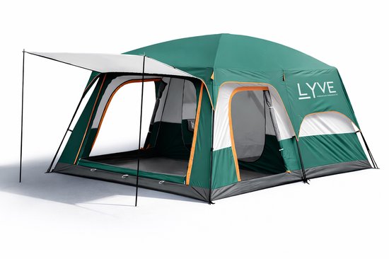Groene familietent met luifel en open ramen, met LYVE logo op de zijkant.
