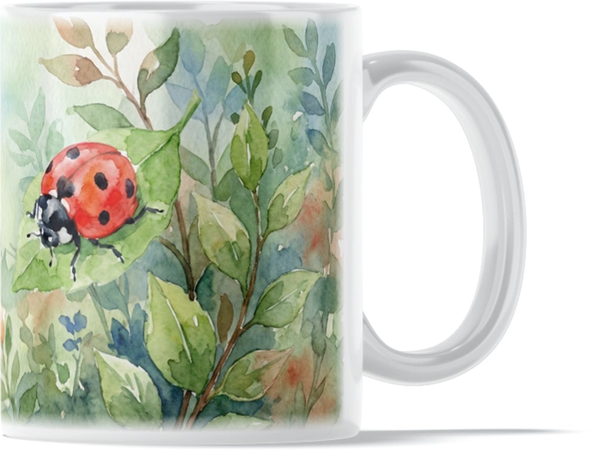 Mok Aquarel Series: Lieveheersbeestje op Groen Blad - Ladybug Geluk Print Koffiemok - Natuur Kunst Cadeau voor haar: Vriendin of Collega - Sfeervolle Thee Beker - Symbolisch Moederdagcadeau of Verjaardagscadeau Vrouw - Vrolijke Lente Decoratie