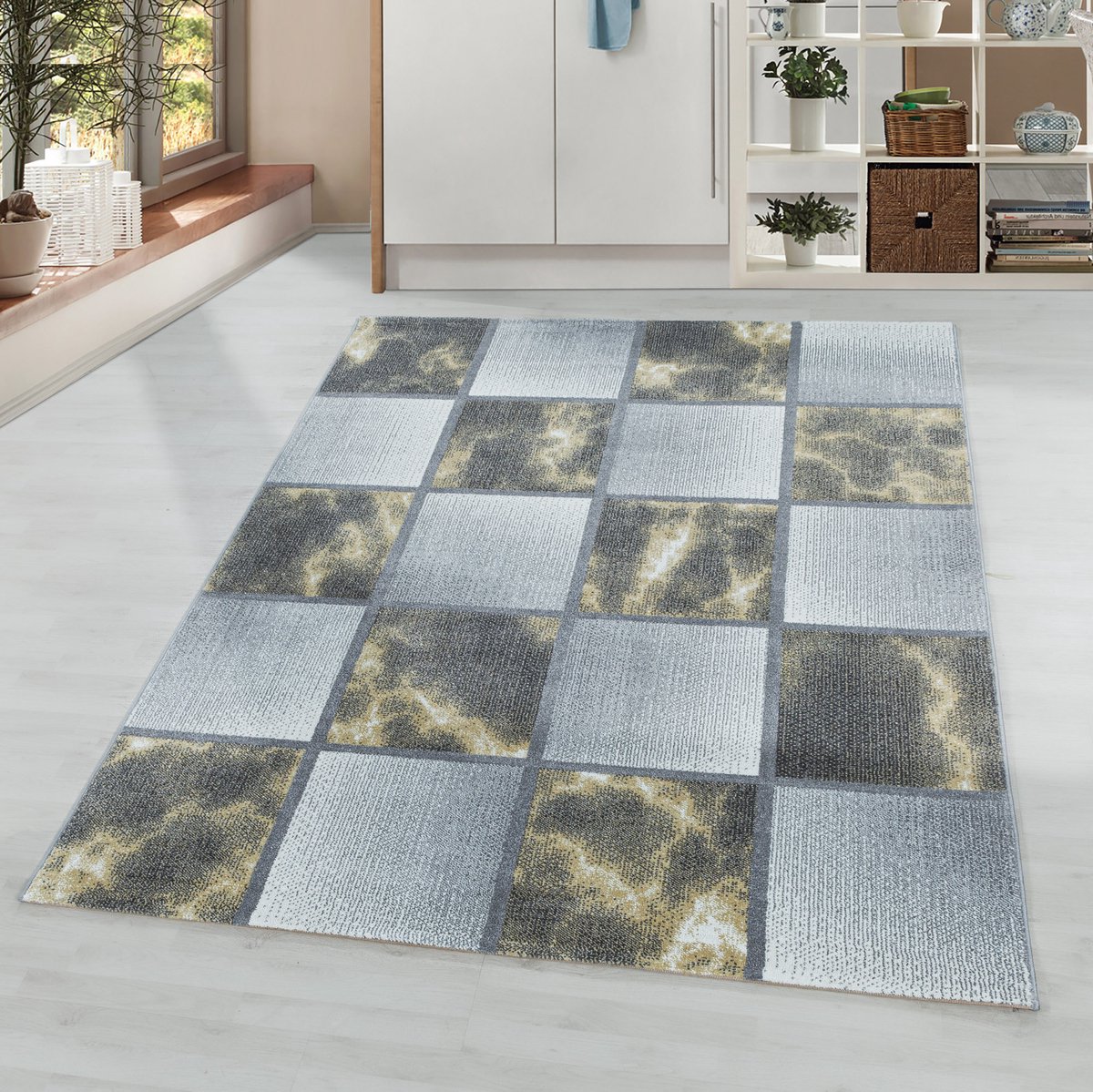 Kortpolig vloerkleed, geruit patroon, geel, woonkamerkleed, jute achterkant, afmeting: 140 x 200 cm