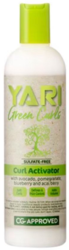 YARI Green Curls Curl Activator, flacon blanc avec bouchon vert, pour des boucles douces et définies.