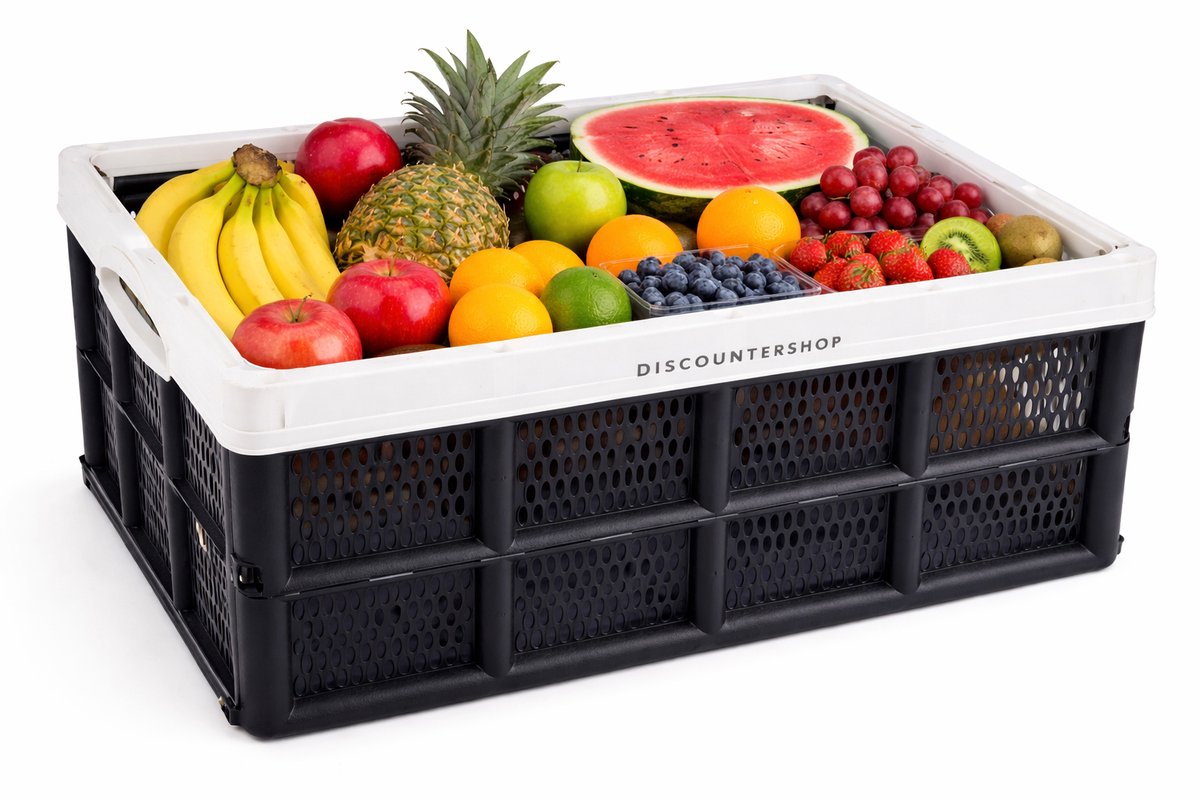 Opvouwbaar Vouwkrat 32 Liter - Multifunctionele Opbergbox voor Thuis en Onderweg - Compact en Draagbaar - Zwart Wit Plastic - Handgrepen - Kamperen & Klussen - 48x35x24 cm