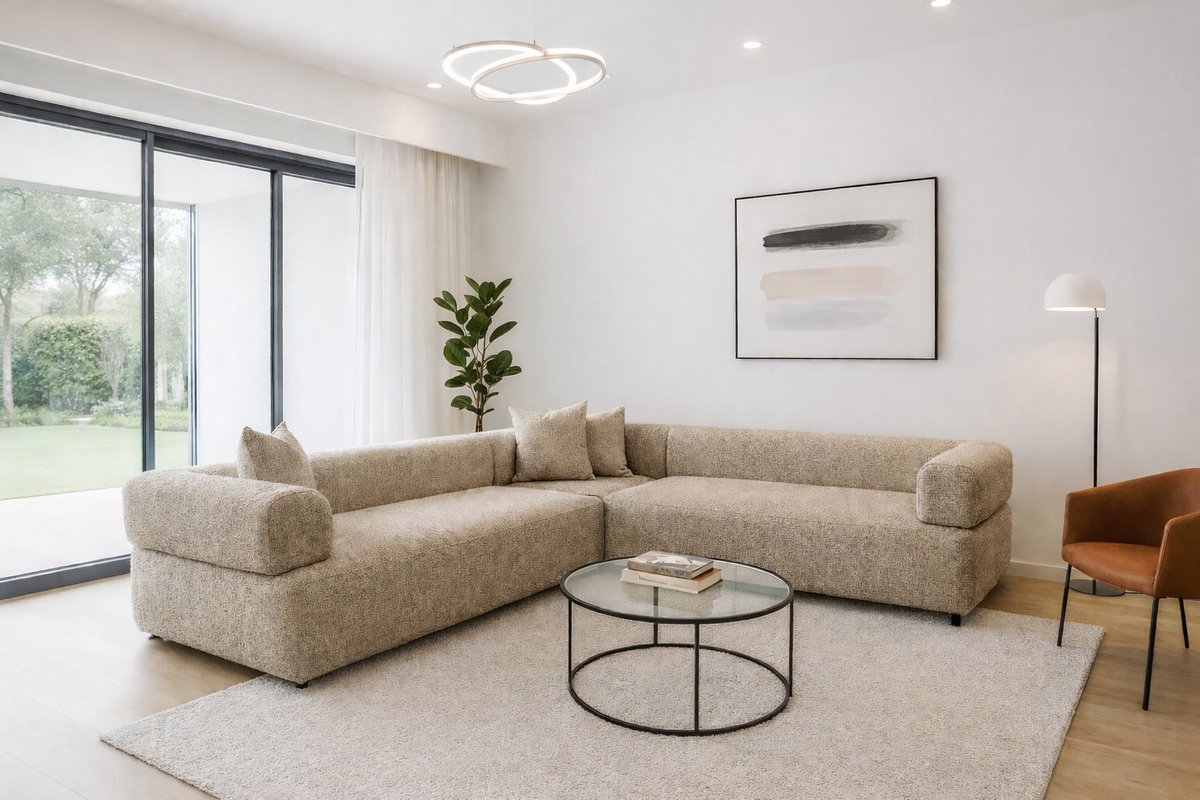 Royale U-Vormige Hoekbank – Matras King - Antelope Brown Textiel – Extra Diepe Zitting – 3-Delige Loungebank – Moderne Bank voor Woonkamer