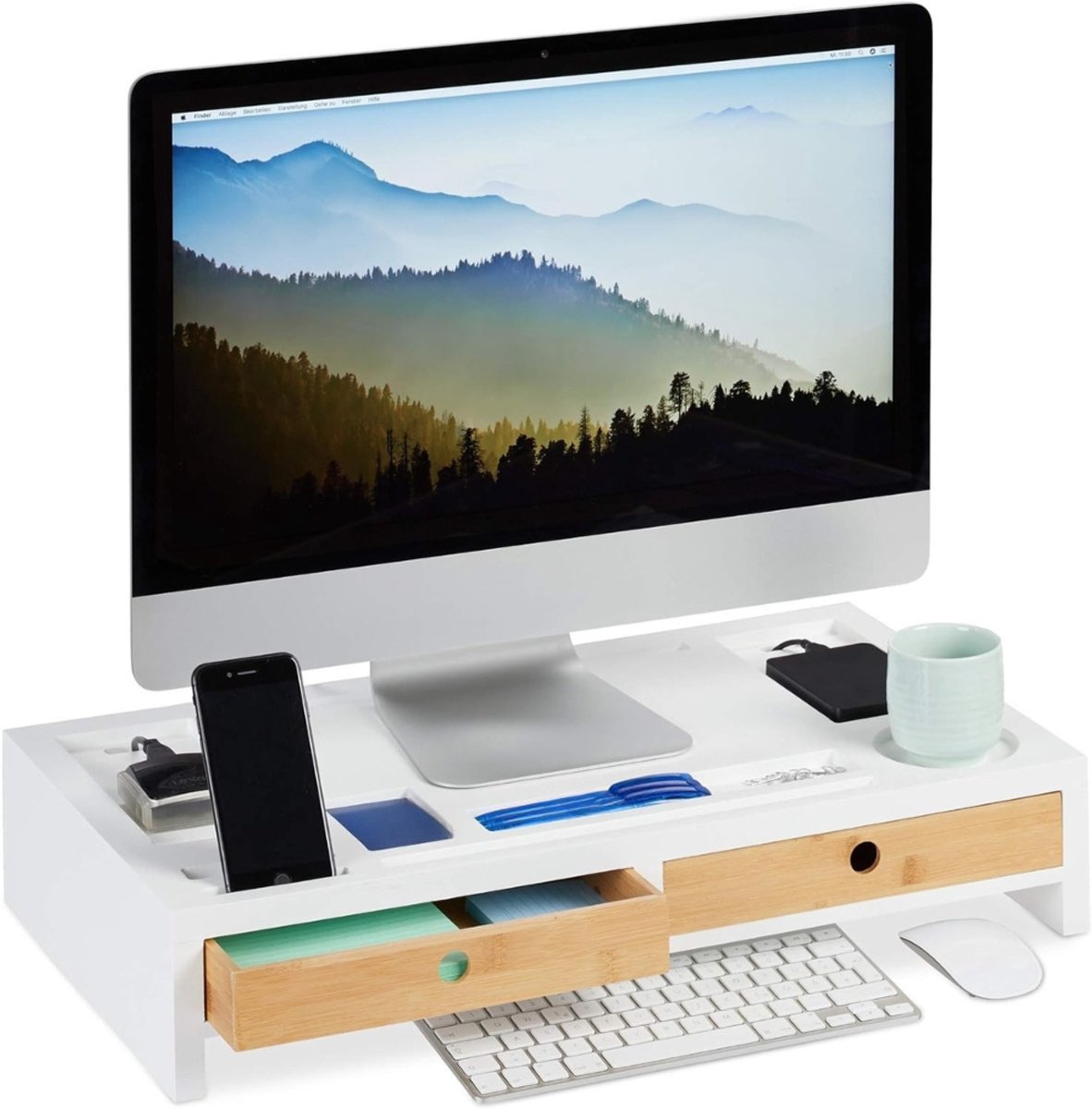 Famanu Monitorstandaard met opberglades - beeldschermverhoger - bamboe & mdf - 2 lades - 9 vakken - 11x58,5x32,5 cm - wit